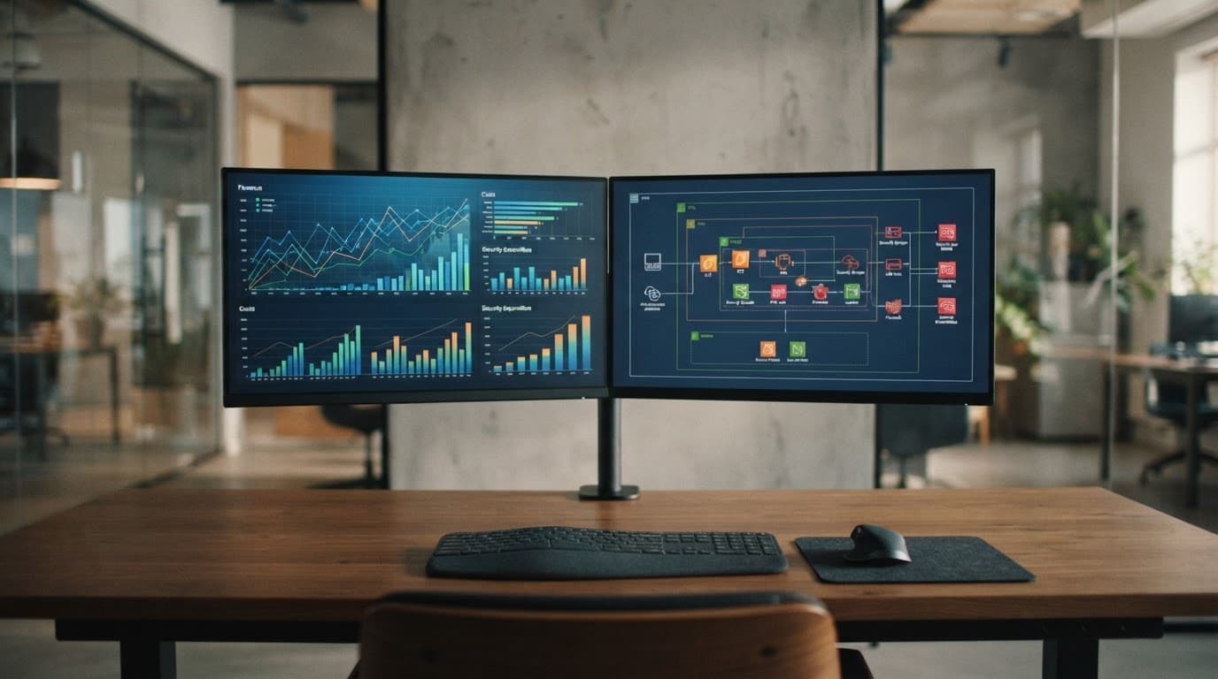 A wooden desk with dual monitors showing financial charts in a softly lit office.