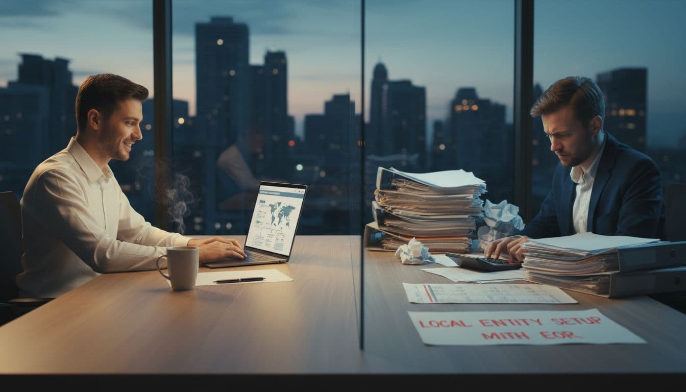 Contrasting modern office scene: relaxed professional managing global payroll with EOR on laptop, coffee nearby; stressed accountant overwhelmed by local entity paperwork stacks. Blurred city skyline background, realistic photo style with warm and cool lighting.