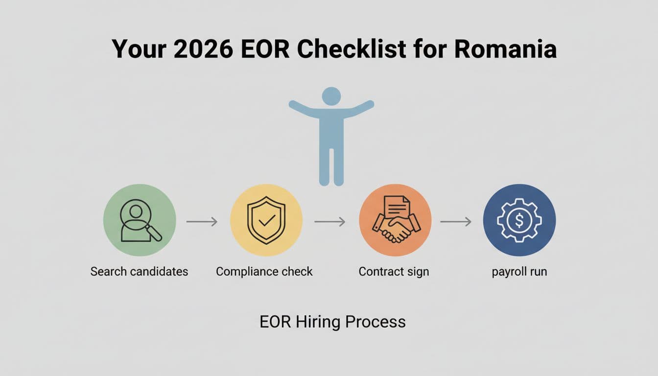 Minimalistic visual flowchart depicting key hiring steps with EOR: candidate search, compliance check, contract signing, payroll run, overseen by one central figure.