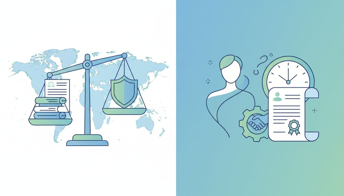 Infographic-style icons side-by-side: left shows scales, documents, and world map for legal compliance; right depicts freelance elements with clock and contract paper, in clean vector art with soft blue and green tones.