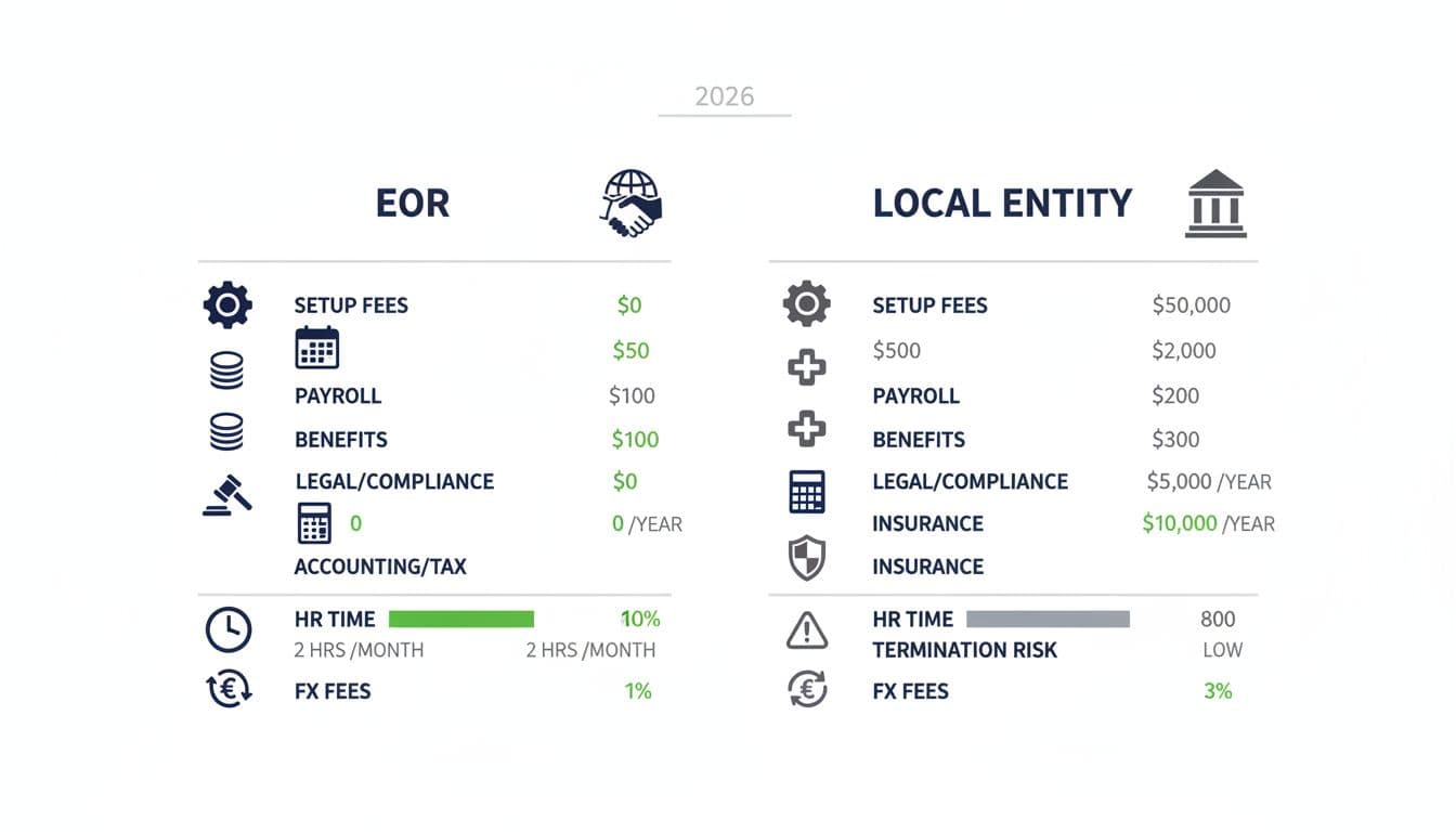 Clean, minimalist landscape infographic comparing EOR and Local Entity costs in 2026 with side-by-side columns showing setup fees, monthly fees, payroll, benefits, legal, accounting, insurance, HR time, termination risk, and FX fees using icons, numbers, bar charts, and color accents.