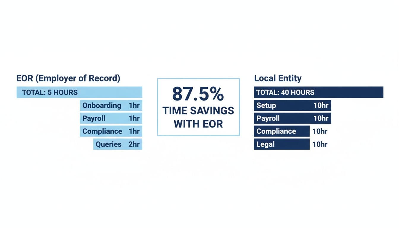 Simple bar chart infographic comparing monthly staff time: EOR totals 5 hours (onboarding 1hr, payroll 1hr, compliance 1hr, queries 2hr) versus Local Entity 40 hours (setup 10hr, payroll 10hr, compliance 10hr, legal 10hr), with percentage savings displayed.