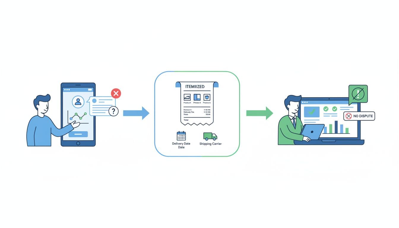 Simple infographic illustrating the Ethoca Consumer Clarity process: a customer views a disputed charge on their bank app with detailed merchant info and receipt, while the merchant dashboard receives no alert, showing data flow with arrows.