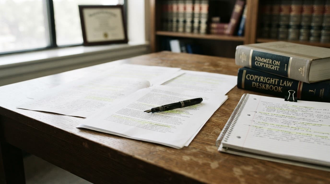 Legal papers, a pen, books, and a notebook on a wooden office desk.