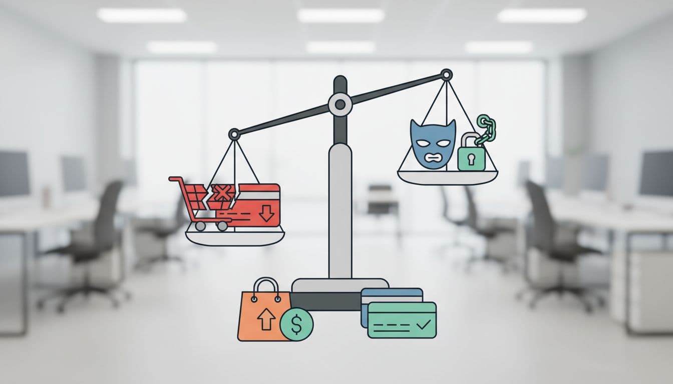 A symbolic balance scale illustration where false decline icons are heavier than fraud icons, featuring ecommerce shopping cart elements on a neutral office background in bright simple style.