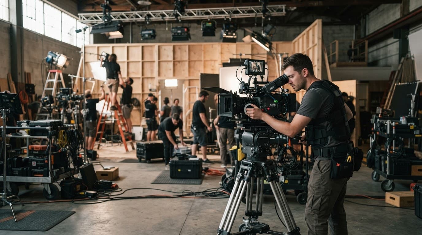 A camera operator works among lighting equipment on a busy movie set.