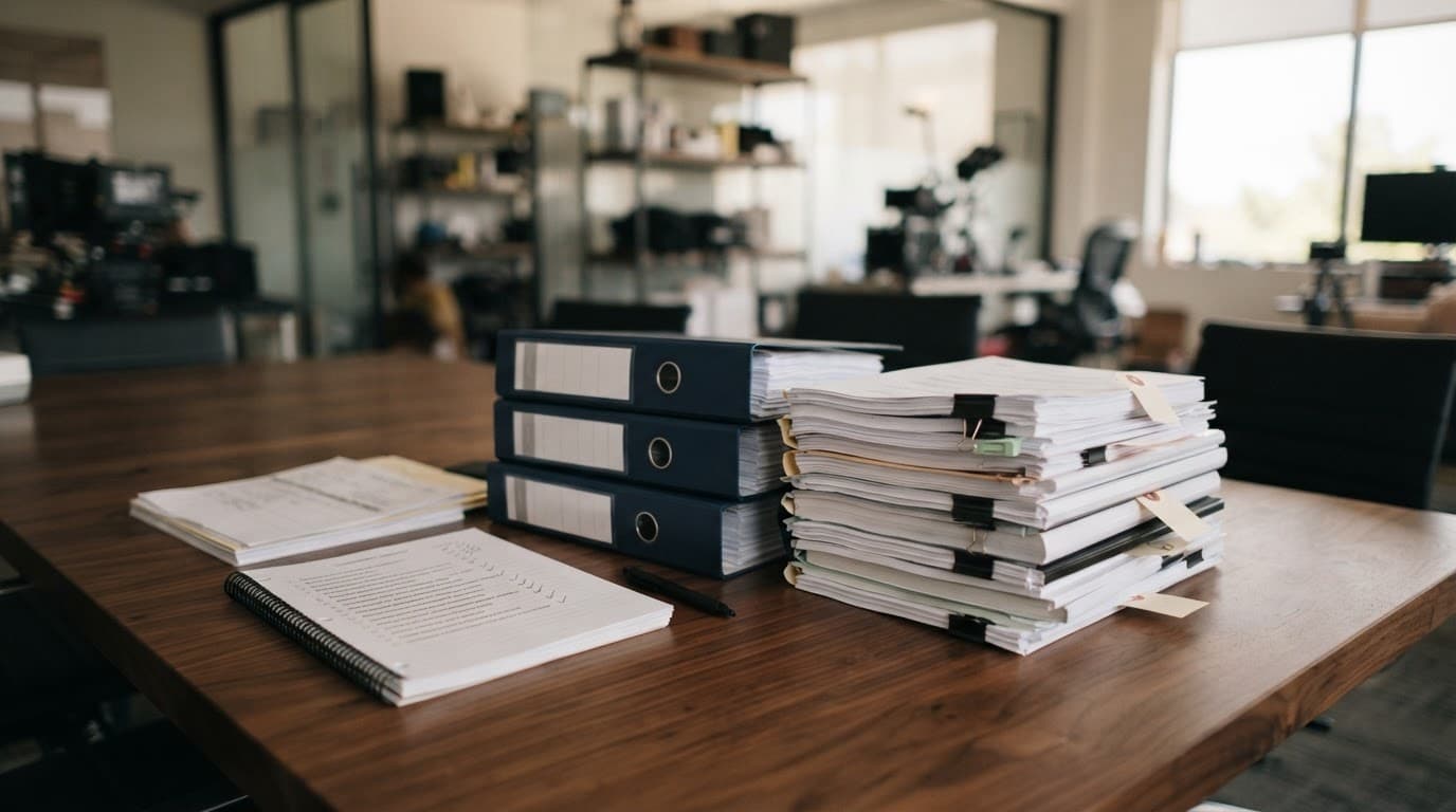 Legal binders and film contracts arranged on a wooden conference table.