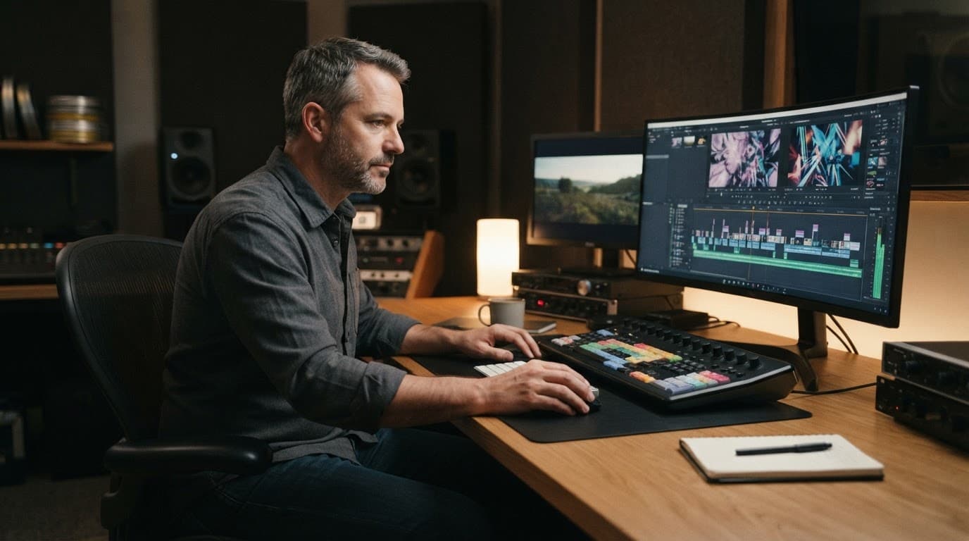 A film producer reviews a video timeline alone in a warmly lit editing room.