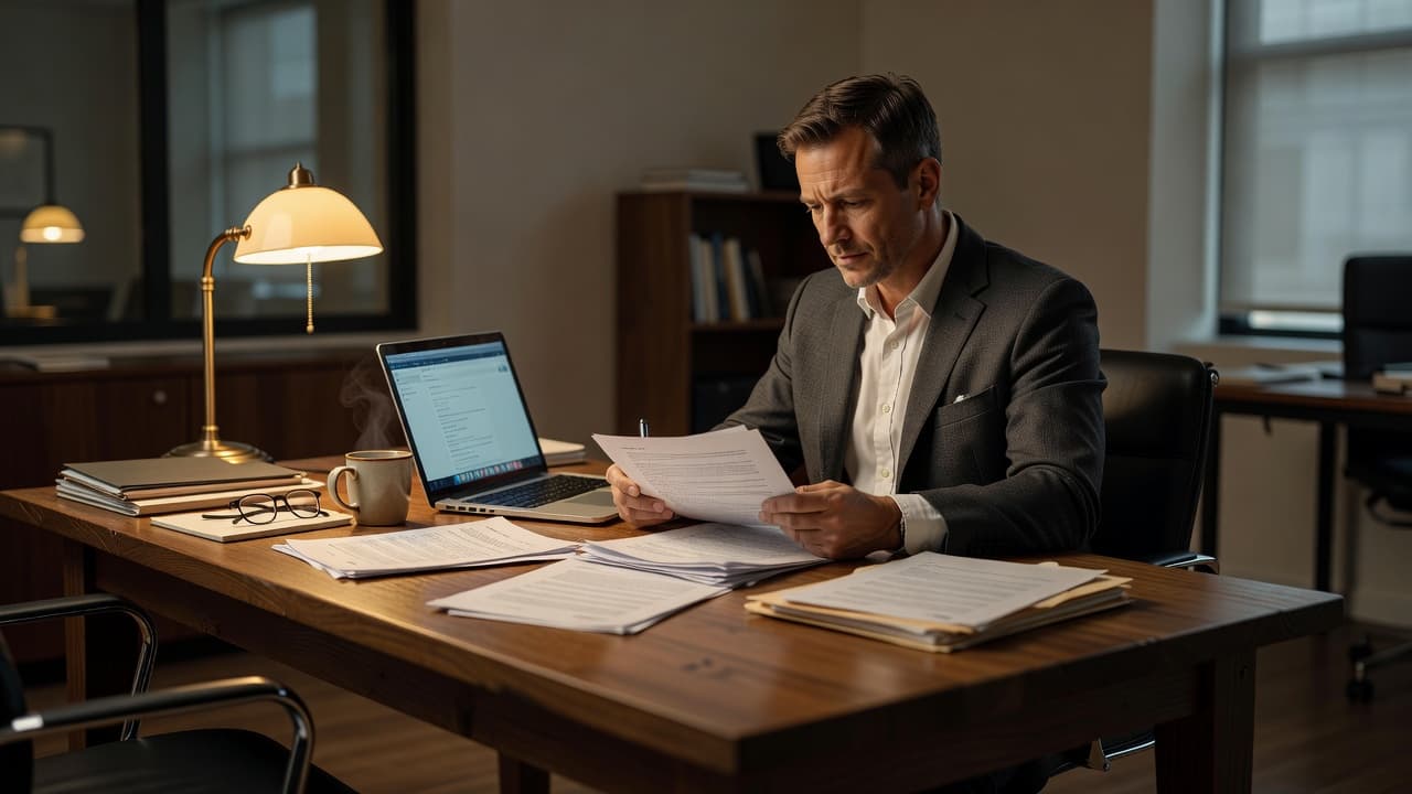 A producer reviewing film finance paperwork and a laptop at a wooden desk.