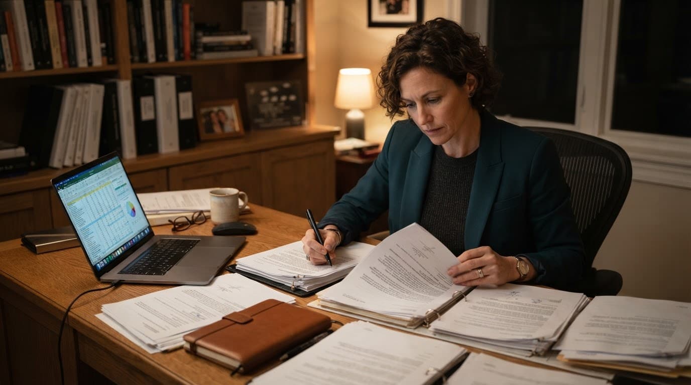 A film producer reviews papers beside an open laptop at a wooden desk.