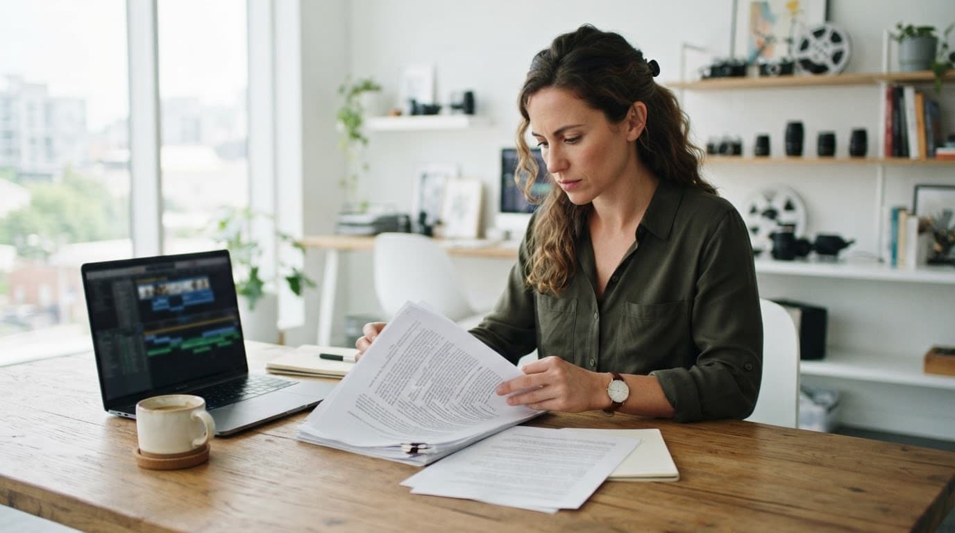 A filmmaker reviews papers beside a laptop and coffee in a bright studio office.