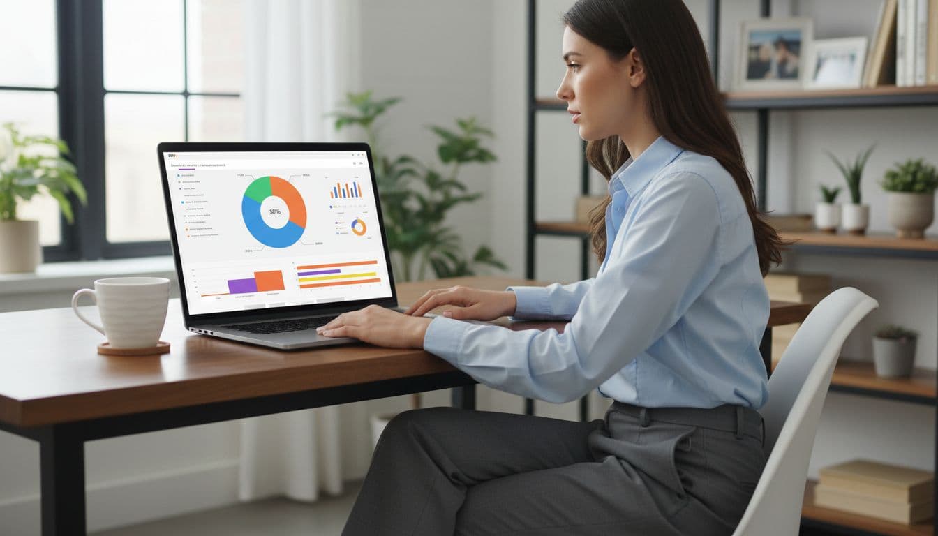 A finance analyst in business casual at a modern desk in a well-lit home office examines an AWS cost dashboard on a laptop screen showing abstract pie charts and bar graphs for spend breakdown, with a coffee cup nearby and hands relaxed on the desk.
