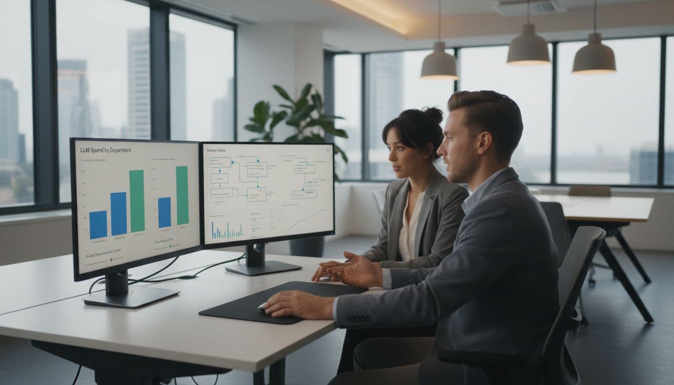 Two finance analysts in a modern office collaborate closely on dual monitors displaying LLM spend charts, prompt experiments, chargeback breakdowns, and debugging traces, bathed in natural daylight with a city view.