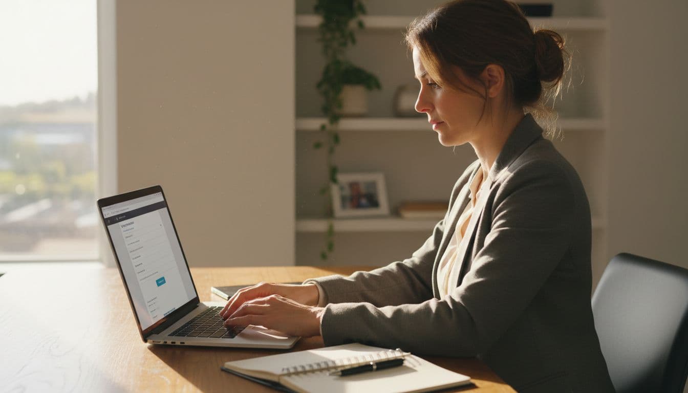 Mid-30s finance leader types on laptop in home office with faint online form on screen, calendar and notepad nearby.