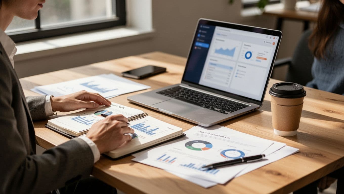 Finance professional gathers documents beside laptop with blurred dashboard, notebook charts, and coffee cup in sunlit casual office.
