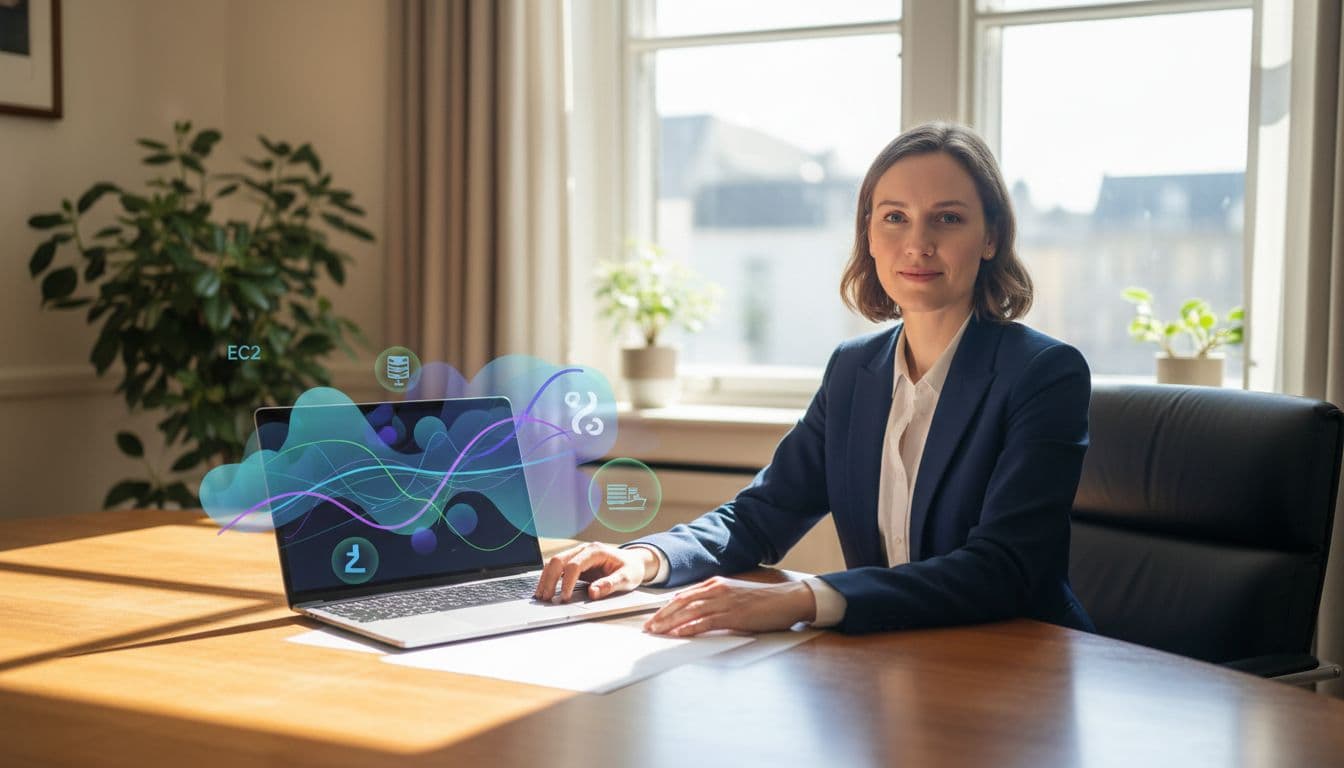 Finance professional seated at a desk in a bright office with a laptop displaying abstract charts of cloud compute usage across EC2, Lambda, and Fargate, hands relaxed, natural window light, realistic photo style.