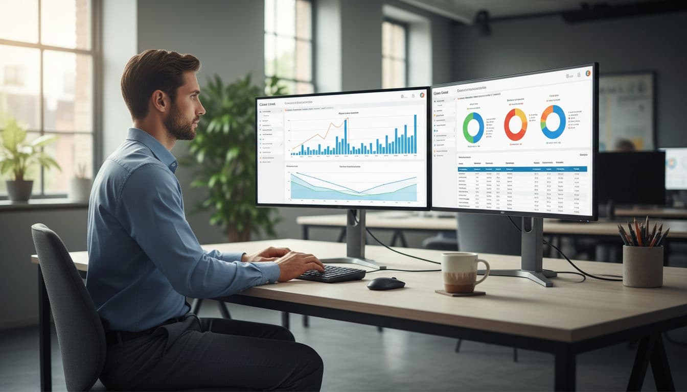 A focused finance professional at a modern office desk reviews a cloud cost dashboard on dual monitors, showing spend trends and risk alerts, with a coffee mug nearby and natural indoor lighting.