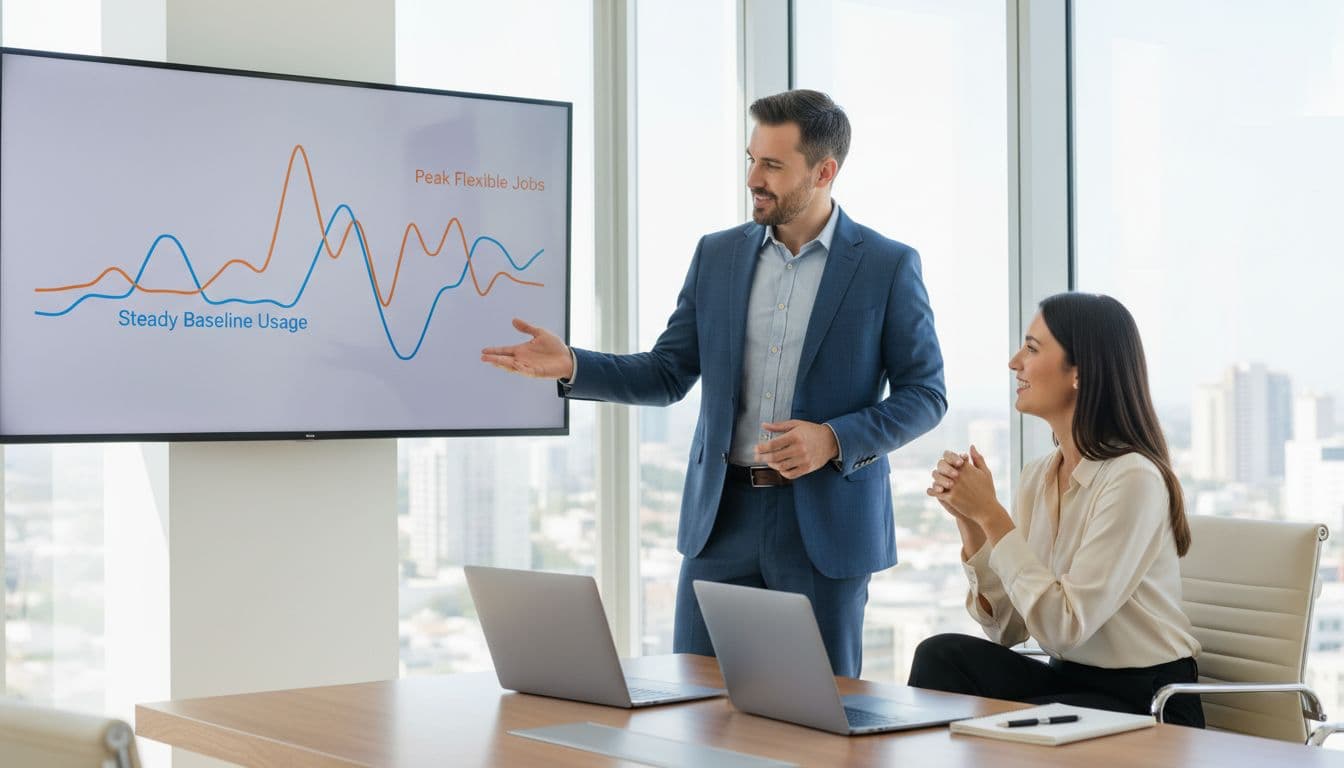 Two finance professionals in a modern conference room collaborate, one pointing to a screen with graphs showing steady baseline and peak flexible workloads.