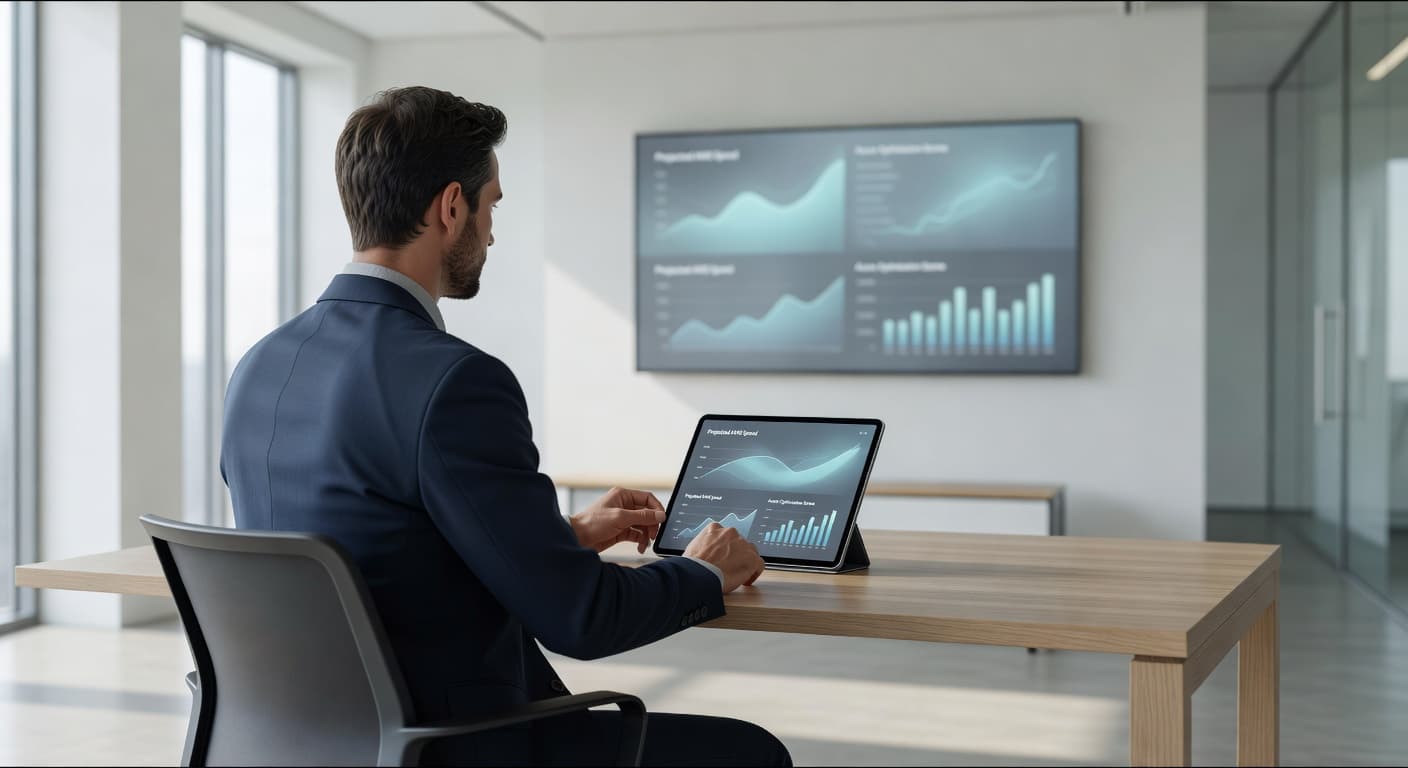 A person sits at a sleek desk viewing a digital tablet screen in a bright office. Soft ambient lighting highlights the professional setting, emphasizing a focused, data-driven work environment for leaders.