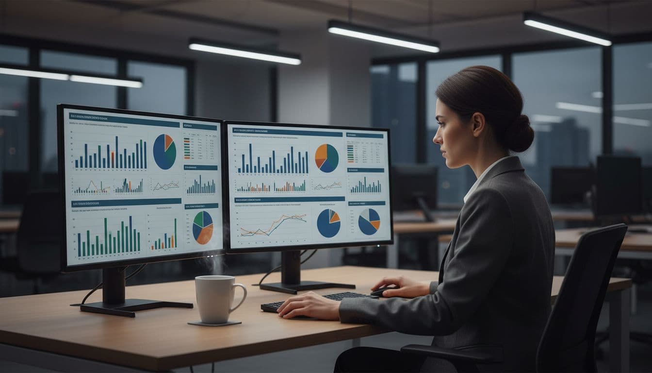 Fraud analyst in modern office reviews TC40 charts on dual monitors with coffee mug nearby.
