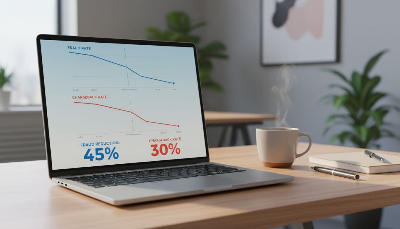 Angled laptop screen on office desk shows line charts with downward trends in fraud rates and chargebacks, coffee mug nearby.