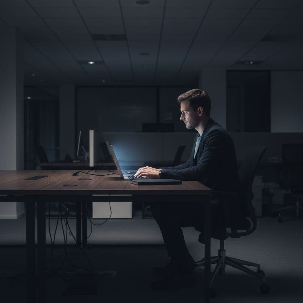A person sits alone at a desk in a dimly lit office while working on a laptop.
