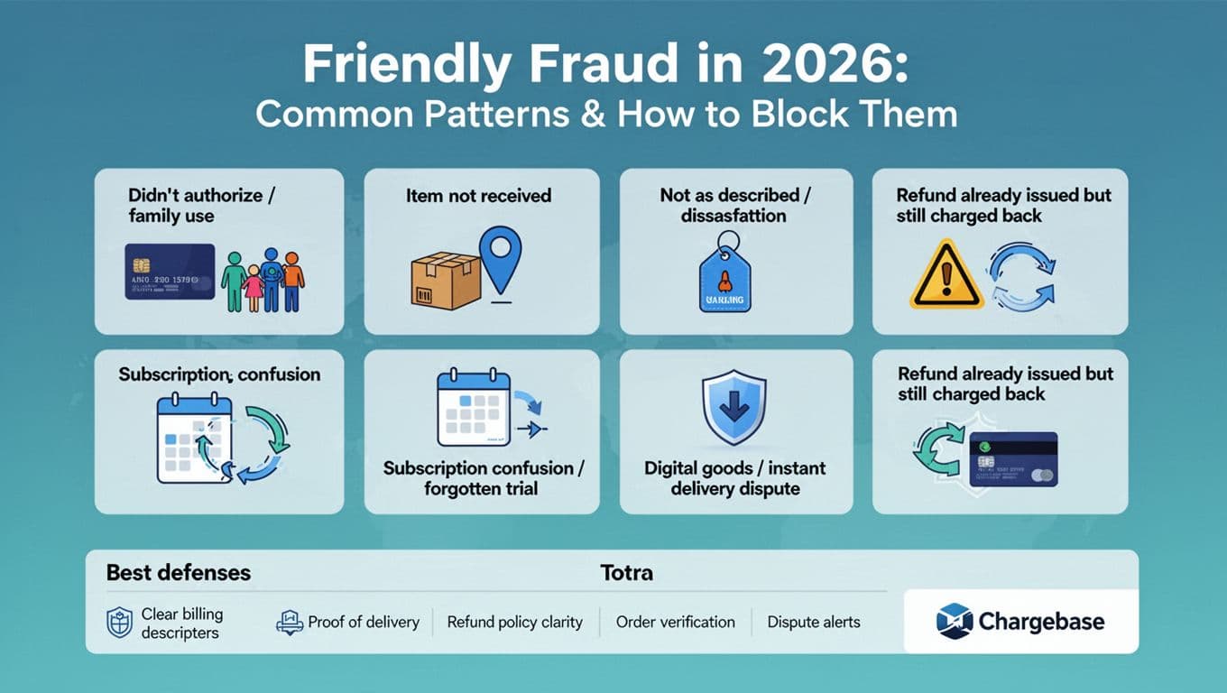 Clean, modern vector infographic (16:9) with six labeled panels illustrating common friendly fraud patterns using simple icons and a bottom strip of best defenses like clear billing and Chargebase.