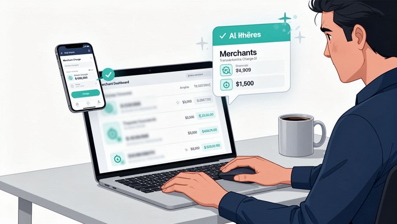 Clean modern vector illustration of a frustrated customer at a laptop disputing a charge via phone app, with merchant dashboard alert. Simple office desk background with coffee mug, navy-teal-light gray palette, professional urgent mood.