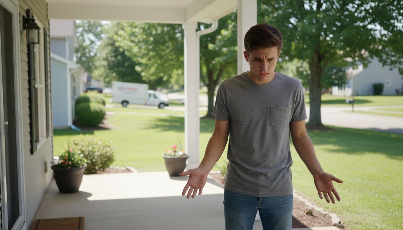 Frustrated young adult stands on porch gazing at empty package space, delivery truck far down street.