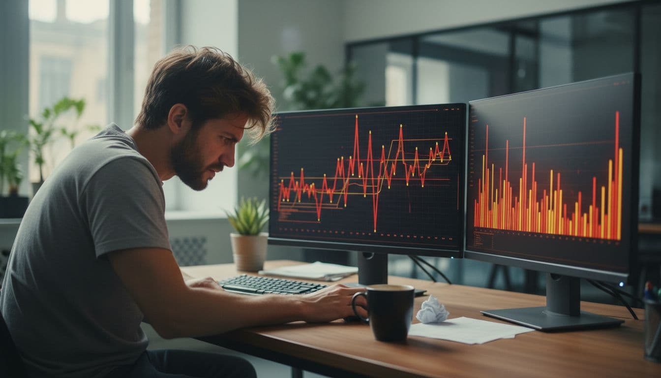 A frustrated software engineer sits at a modern office desk, staring at dual monitors showing error messages, high latency graphs, and memory leaks, with a coffee mug nearby and natural daylight lighting.