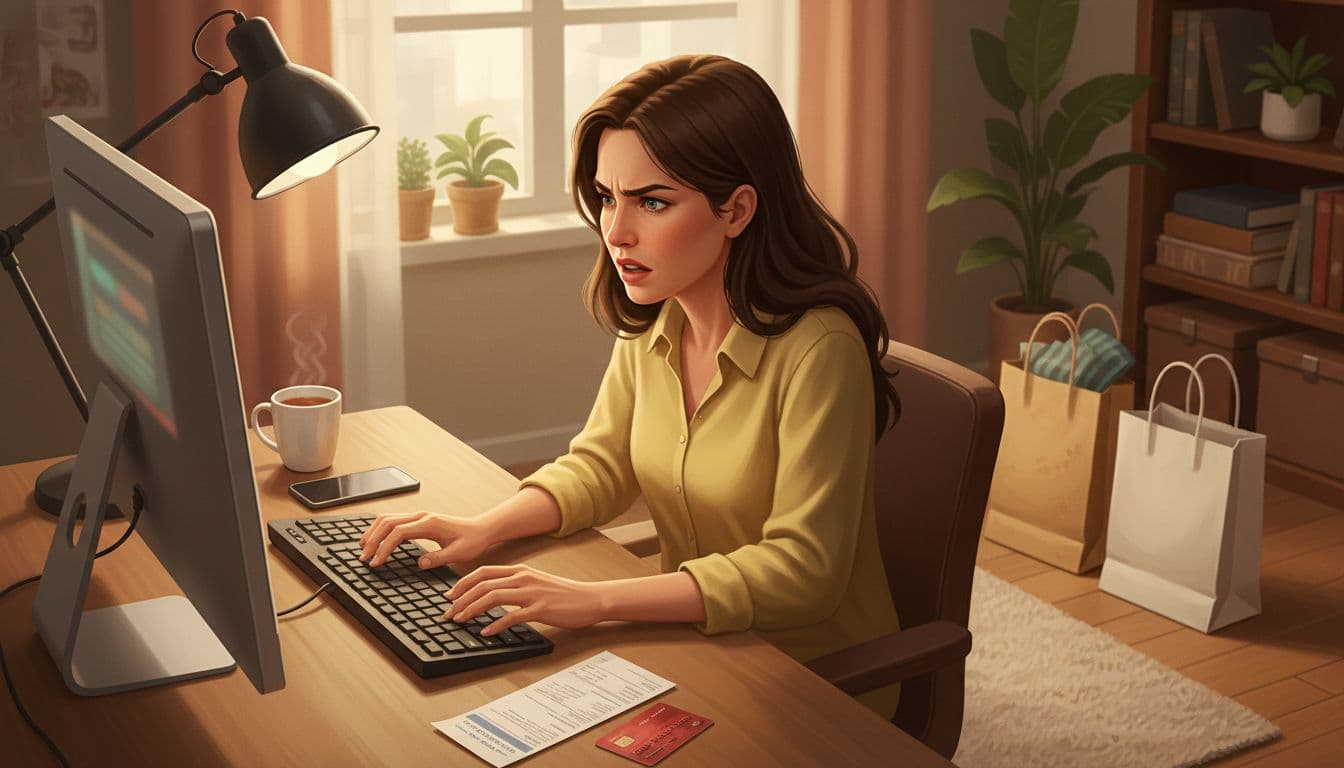 Illustration of a frustrated online shopper at a computer in a cozy home office, disputing a charge on their credit card statement with shopping bags nearby. Realistic style with warm lighting, hands loosely on keyboard, exactly one person.