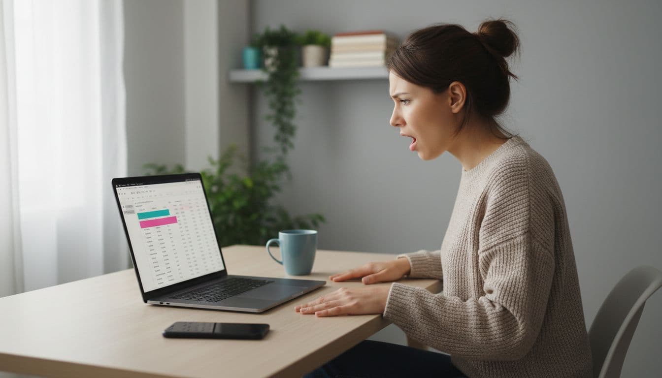 Young professional woman at home office desk stares confused at laptop screen showing highlighted unrecognized charge, with coffee mug and phone nearby.