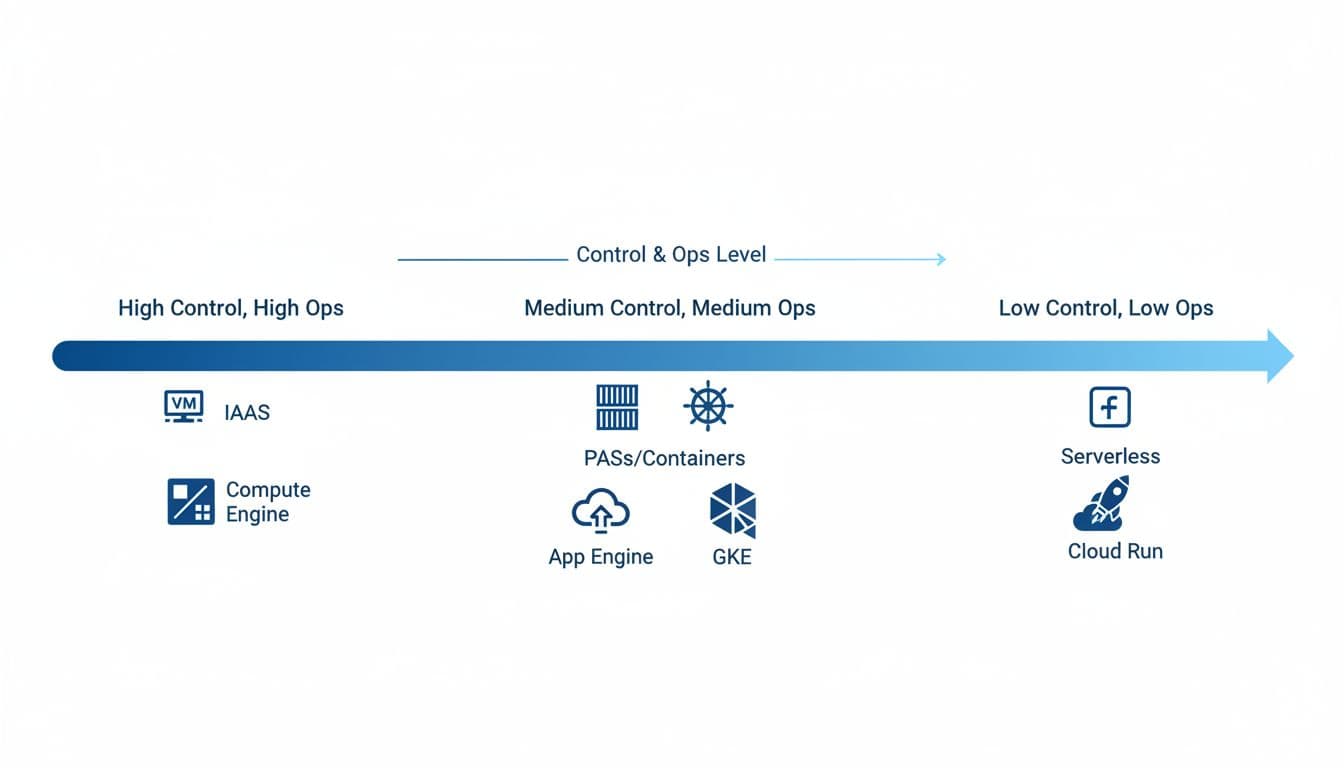 Clean horizontal infographic spectrum diagram mapping GCP services from High Control/High Ops IaaS (Compute Engine) to Medium PaaS/Containers (App Engine, GKE) to Low Control/Low Ops Serverless (Cloud Run). Minimalist blue tones with simple icons and exact labels.