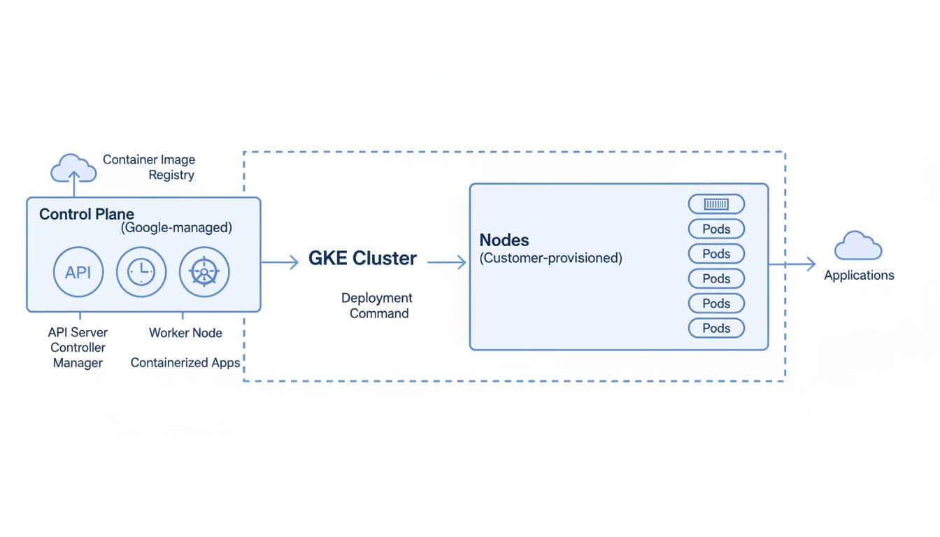 Diagram shows Google-managed control plane, GKE cluster, node pools with worker nodes and pods, plus deployment flow arrows.
