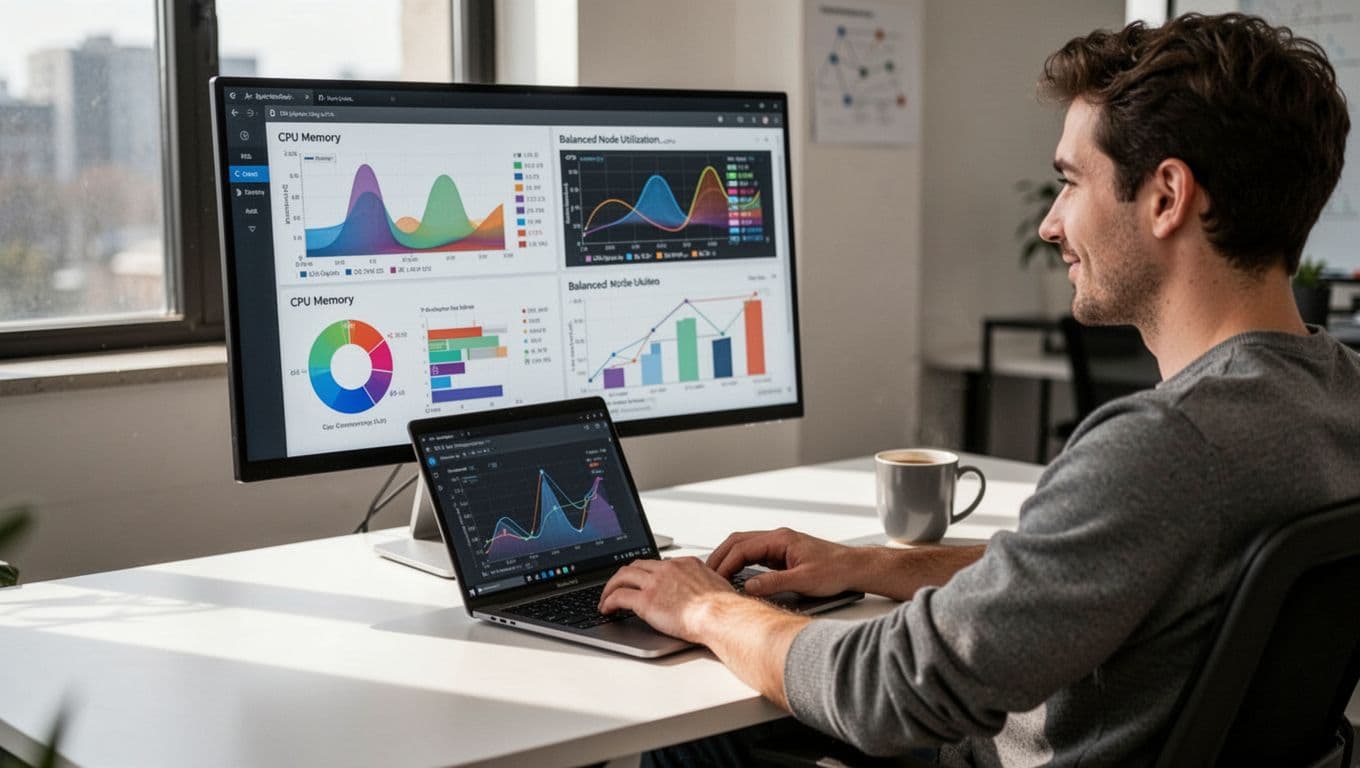 Developer at desk examines CPU memory graphs and cost savings charts on screen in modern office with coffee mug.