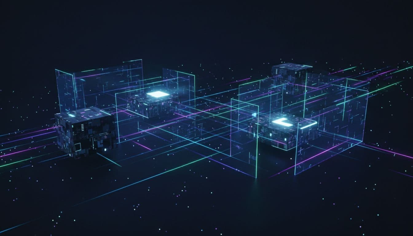 Glowing neon lines form protective, geometric barriers around structured digital blocks in a dark, secure environment.