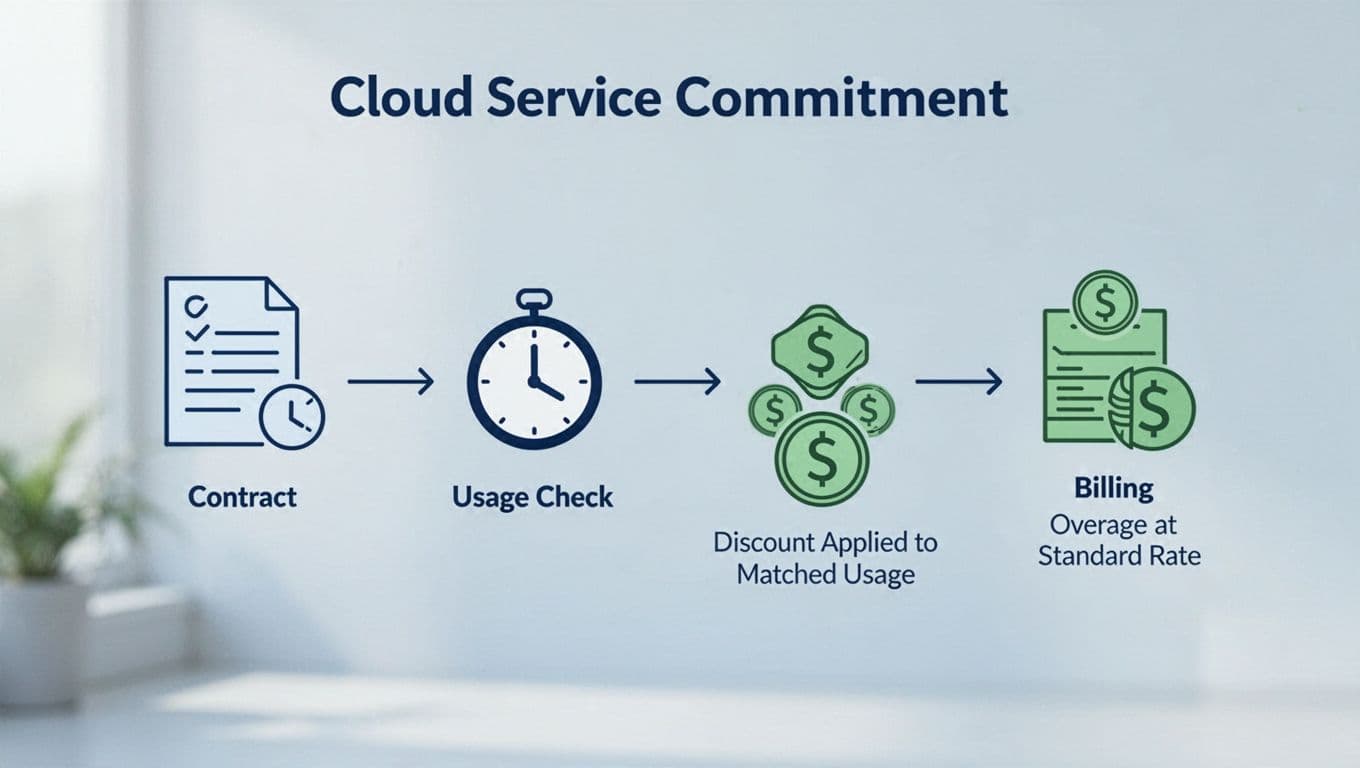 Flowchart with icons showing commitment purchase, hourly usage check, branch to discount on matched usage, and standard rate for overage.
