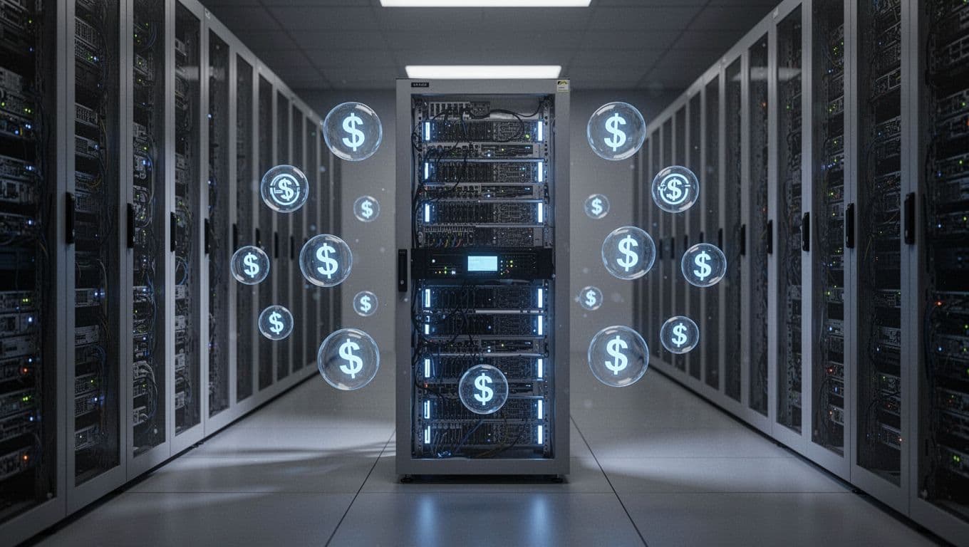 Illustration of a steady-running server VM in a data center rack glowing blue with savings icons accumulating around it, representing sustained use discounts on Google Cloud Compute Engine.