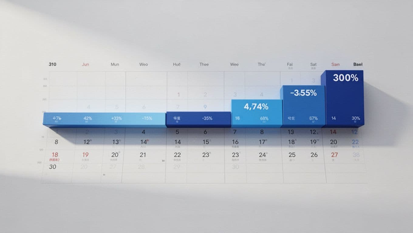 Horizontal timeline diagram of a 30-day calendar month showing Google Cloud Sustained Use Discount tiers: no discount initially, building to 20%, 40%, and 60% max as VM runtime accumulates.