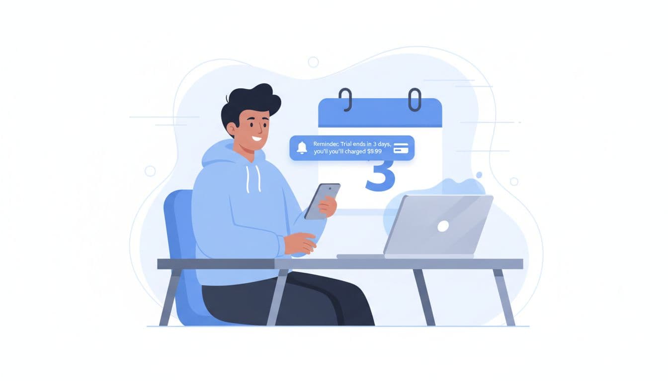 A clean, modern SaaS-style illustration showing a customer smiling at a phone notification reminding them of an upcoming free trial charge. Minimalist flat design with subtle blue accents in a casual office setting.