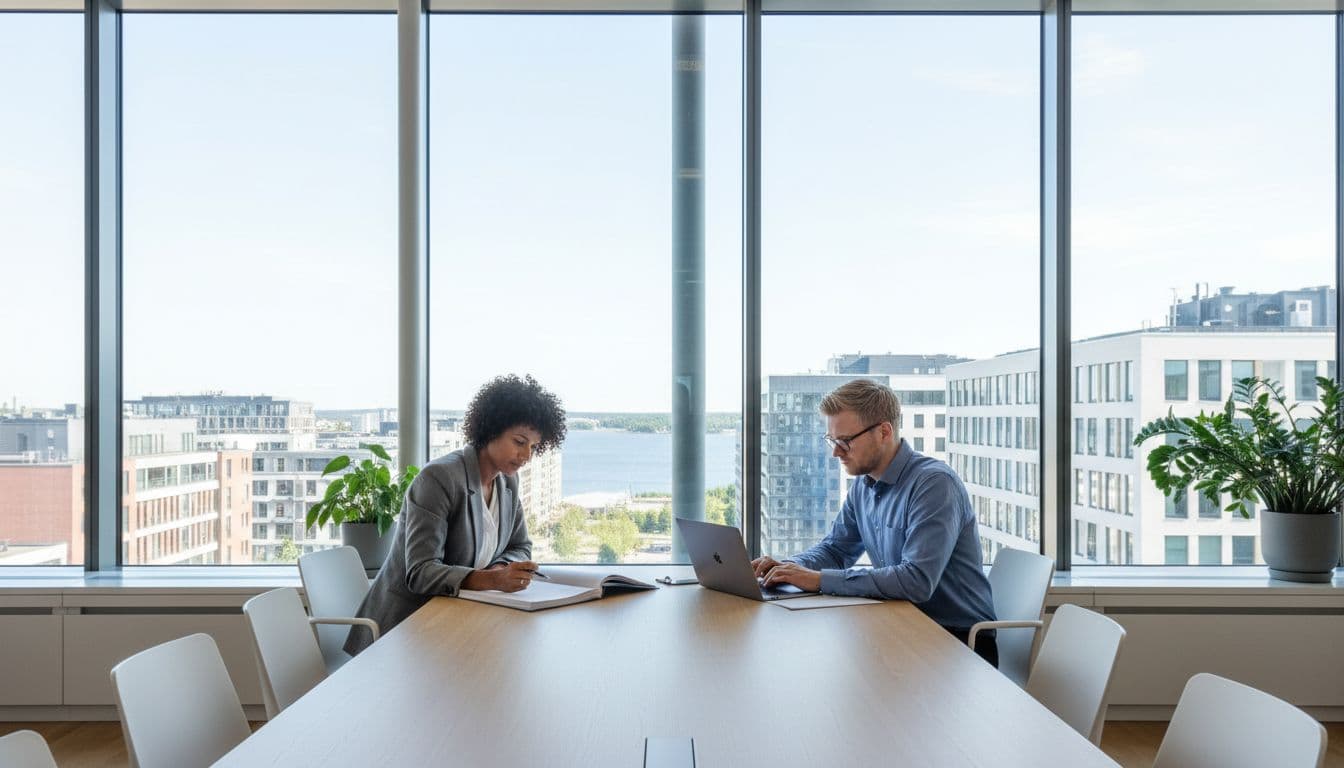 In a modern Helsinki office bathed in natural daylight, two diverse professionals collaborate around a table—one reviewing documents, the other on a laptop—with a stunning city skyline view through the window, evoking a professional atmosphere ideal for global teams.