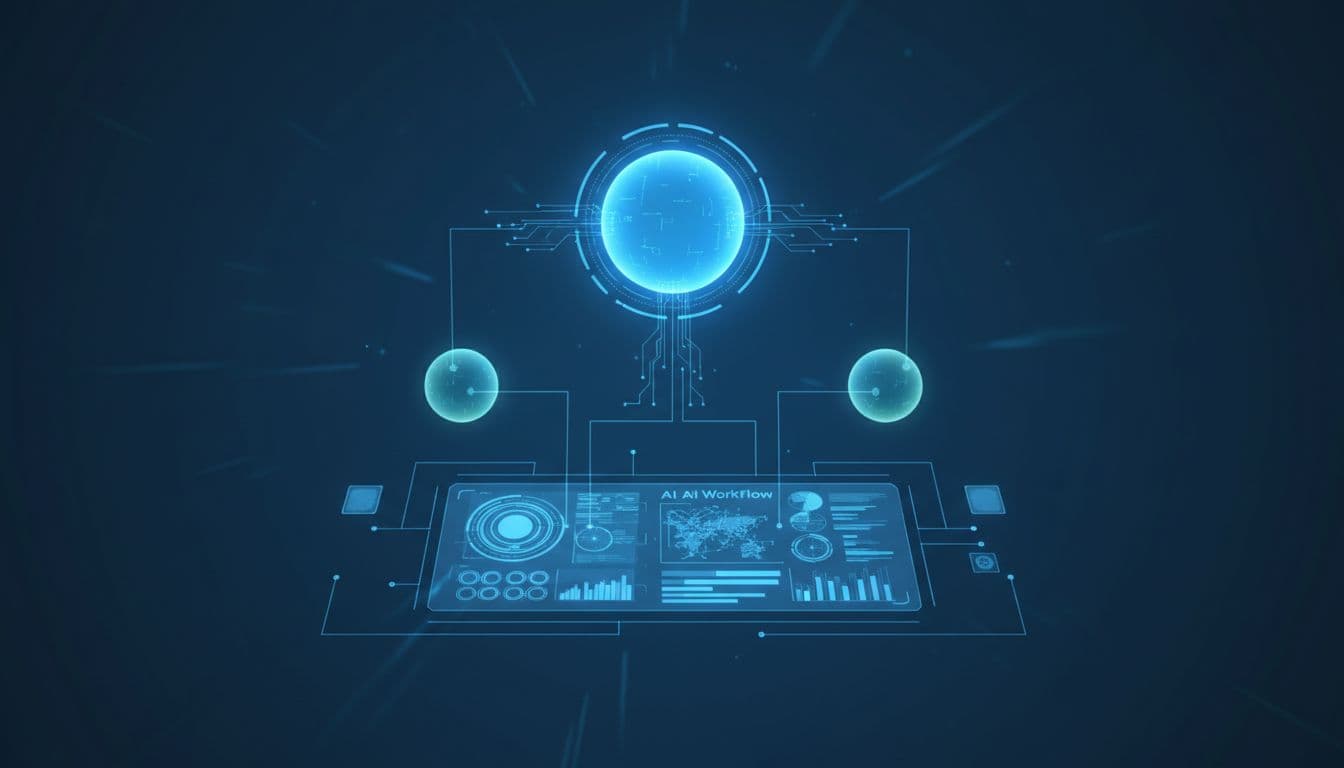 A team of three hierarchical AI agents, shown as glowing orbs in blue tones, collaborates around a digital workflow board in a futuristic minimal abstract environment, with the higher-level agent delegating to specialist agents.