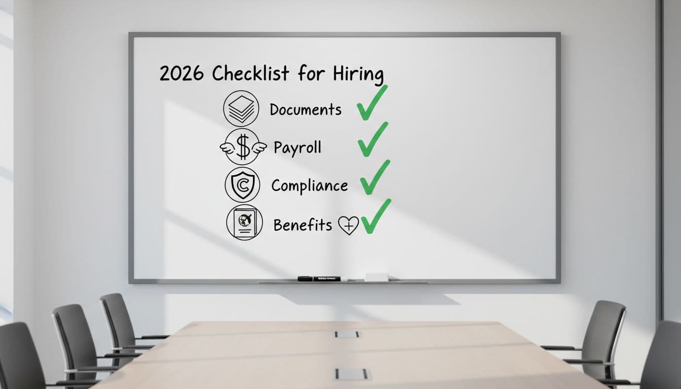 Hand-drawn icons for documents, payroll, compliance, visa, and benefits with checkmarks on a whiteboard in an empty, brightly lit conference room. Simple style, no text, includes marker and eraser, no people present.