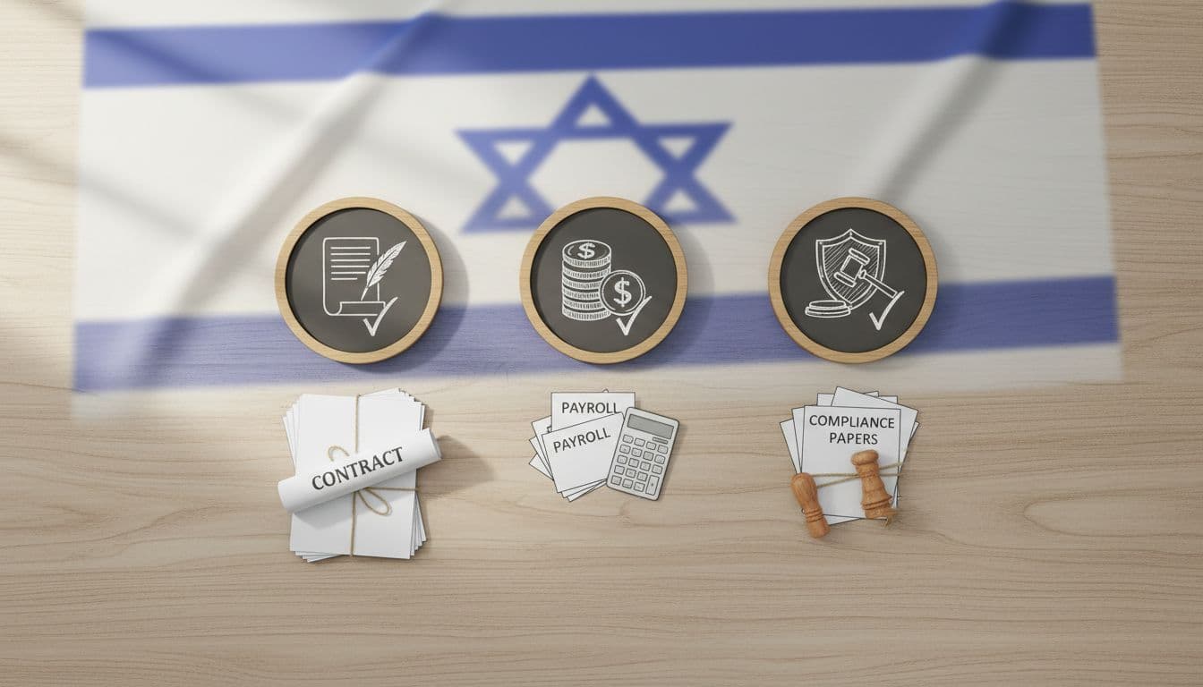 Checklist icons neatly arranged on a wooden desk with a subtle Israeli flag in the background, showing steps like contract, payroll, and compliance papers in a top-down flat lay style under natural daylight.
