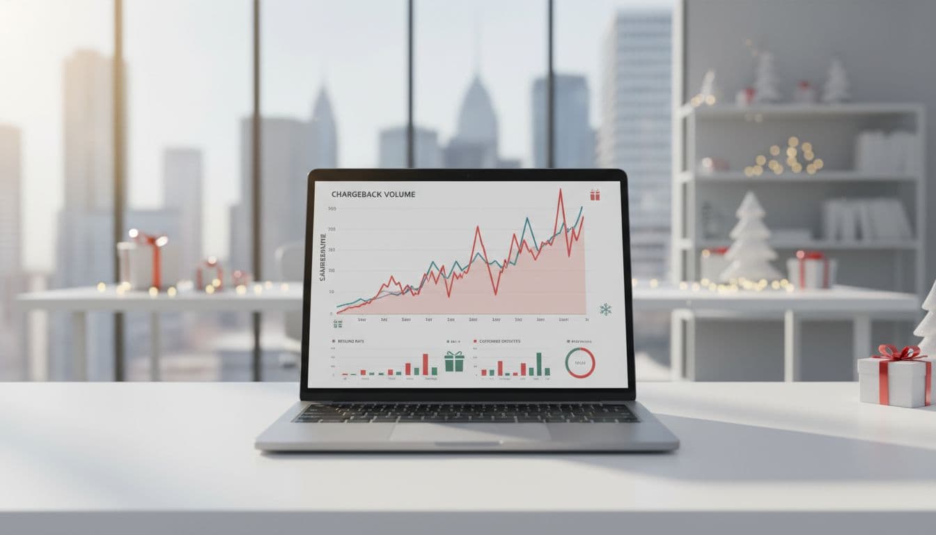 Laptop screen in modern office shows ecommerce analytics dashboard with line graph spiking for chargebacks in December and January, subtle holiday gift icons.