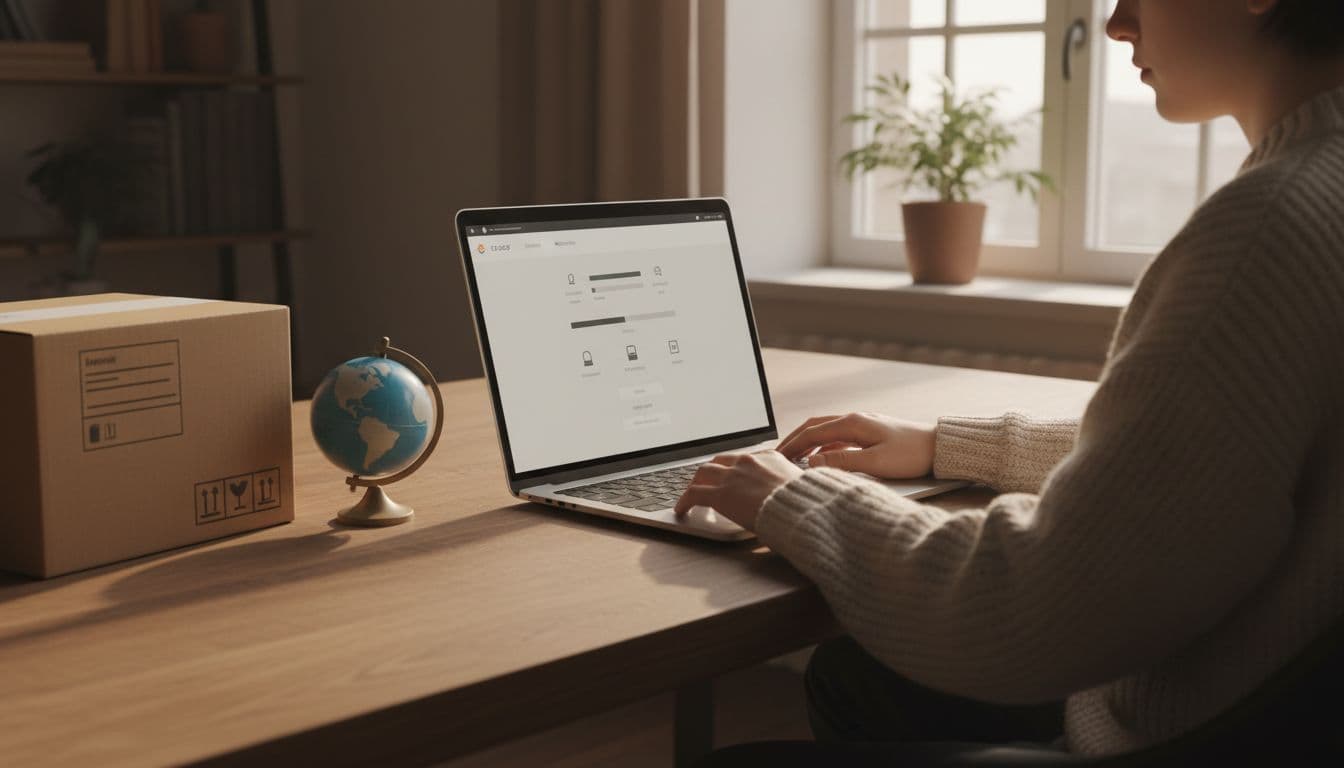 Person in home office focused on angled laptop screen showing simplified e-commerce checkout, globe and shipping box nearby.