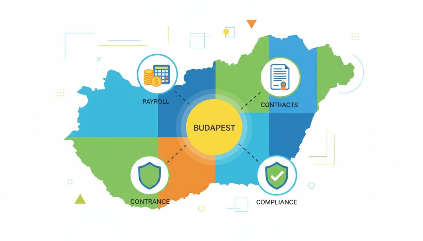 Infographic-style illustration of Hungary map highlighting Budapest with icons for payroll, contracts, and compliance checkmarks. Simple flat design in bright colors, no text or people, clean vector style.