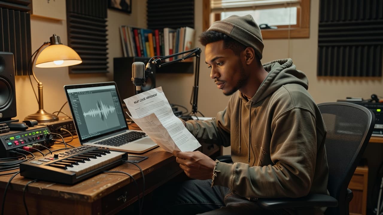 An indie rapper sits at a cluttered home studio desk surrounded by audio production gear and a laptop. He carefully studies a printed document under soft, warm ambient room lighting.