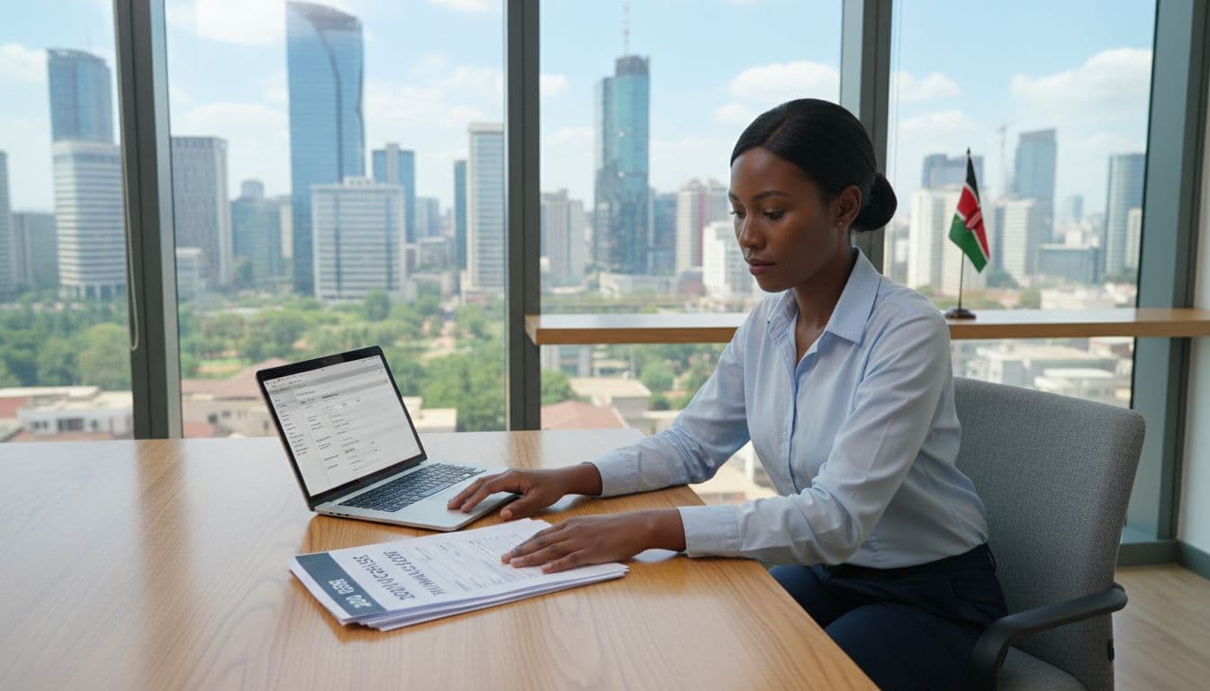 A single business professional sits relaxed at a modern wooden desk in a bright Kenyan office with large windows showcasing the Nairobi skyline, reviewing printed hiring checklist documents and an open laptop with forms, Kenyan flag on shelf, natural daylight.