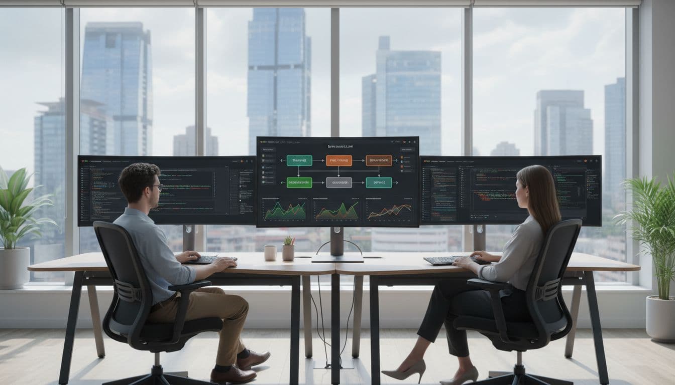 Kubernetes DevOps team in modern office deploying open-source LLMs on platform dashboard, with monitoring screens showing lifecycle from training to serving, graphs for latency costs governance, relaxed hands on keyboards, natural daylight, landscape view with exactly two people.